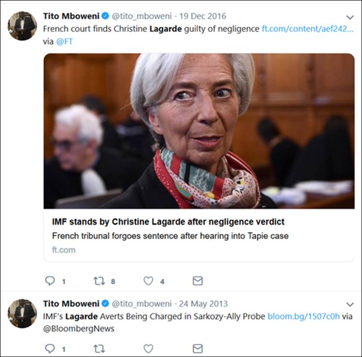 Finance Minister Tito Mboweni (in 2013 and 2016) tweeted about Lagarde’s own corruption trial in France